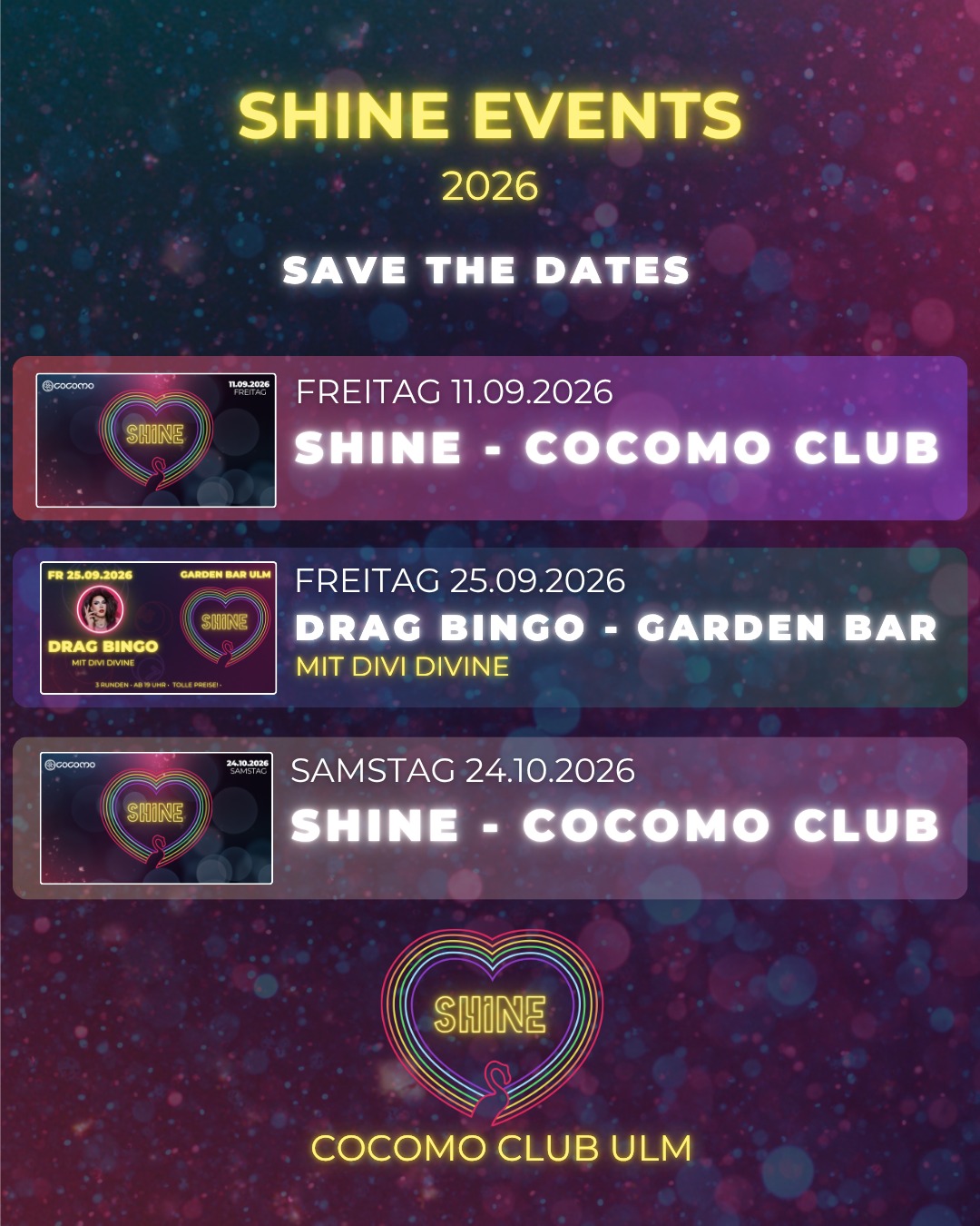 Plakat mit Shine Event Daten